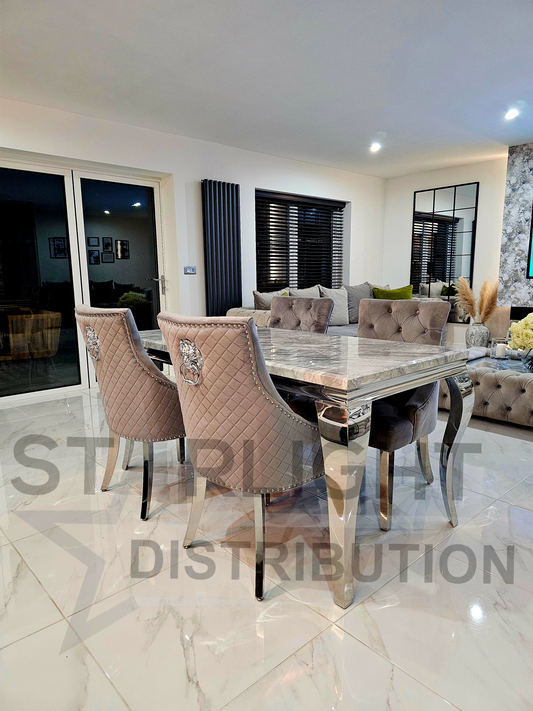 Trafalgar Marble Dining Table Set With Light Grey Lion Head Knockerback Chairs – 4 Chairs Evening Lifestyle View