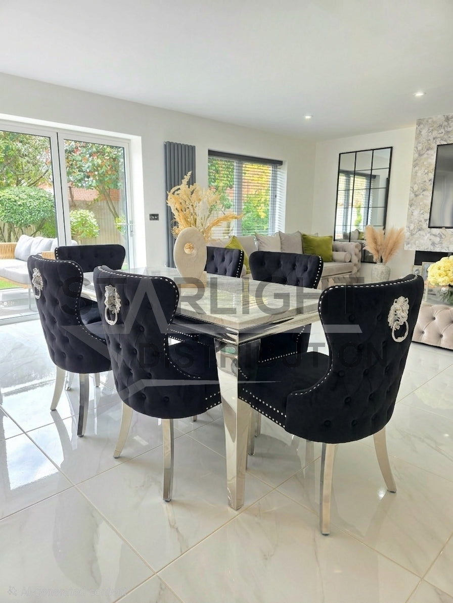 Trafalgar Rectangle Marble Dining Table Set With Chelsea Knockerback Chairs – Detailed Angle View Showing Surface Polish and Edging