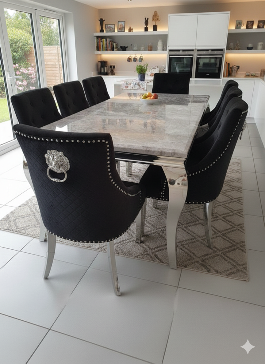 Trafalgar Marble Dining Table Set With Lion Head Knockerback Chairs