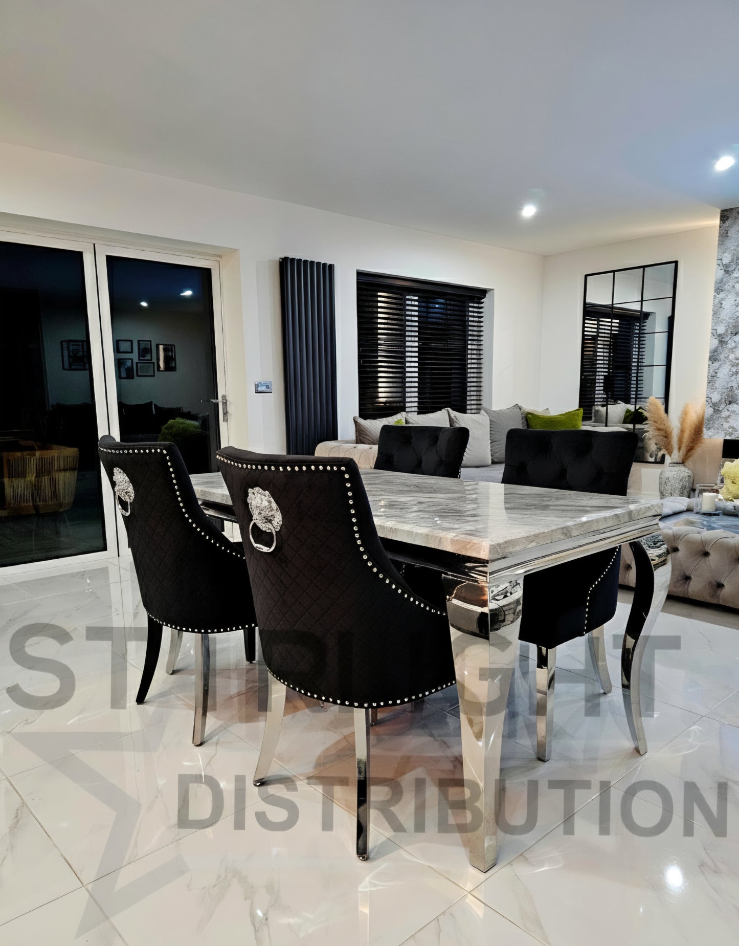 Trafalgar Marble Dining Table Set With Lion Head Knockerback Chairs
