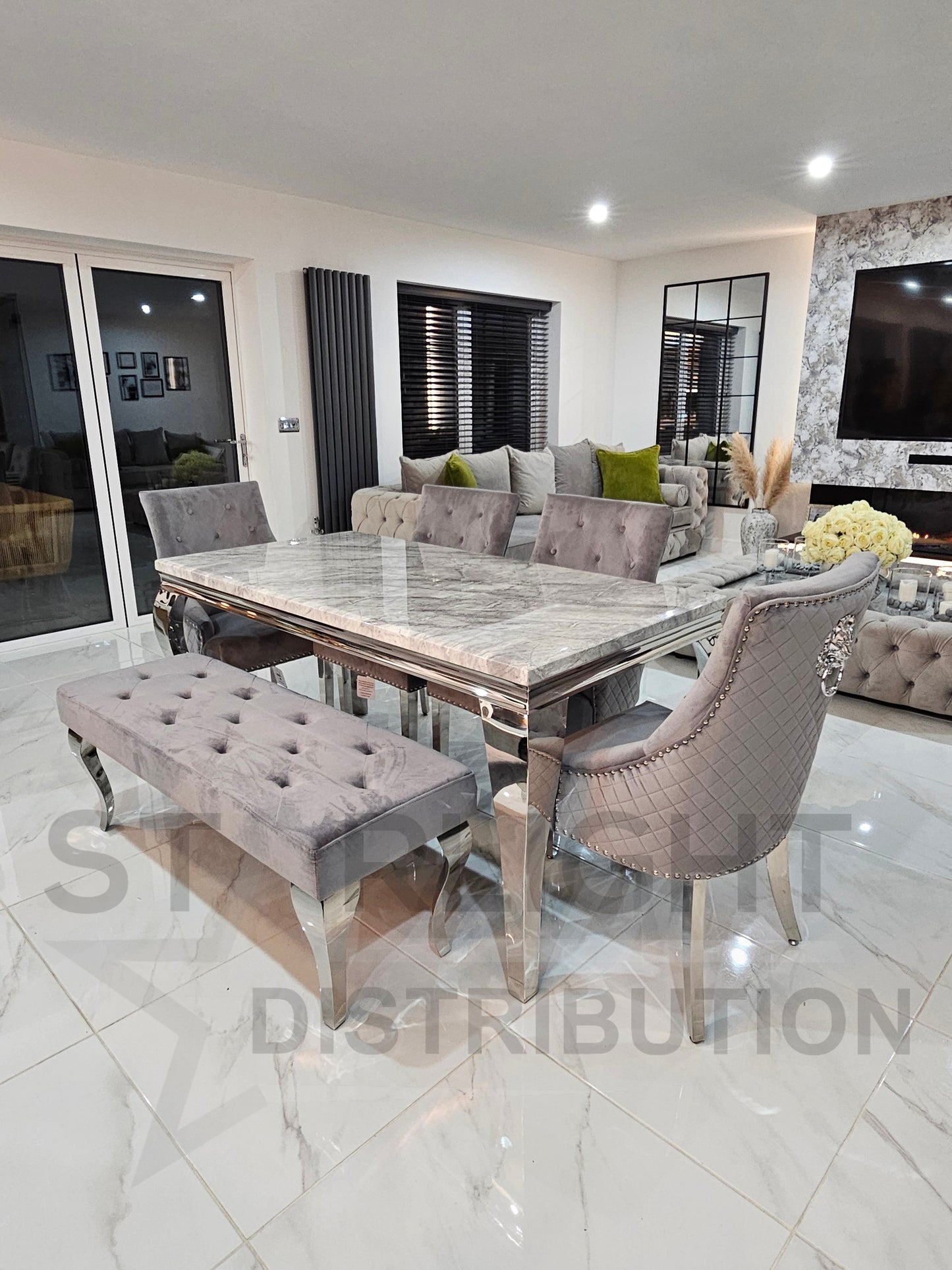 Trafalgar Marble Dining Table Set With Lion Head Knockerback Chairs