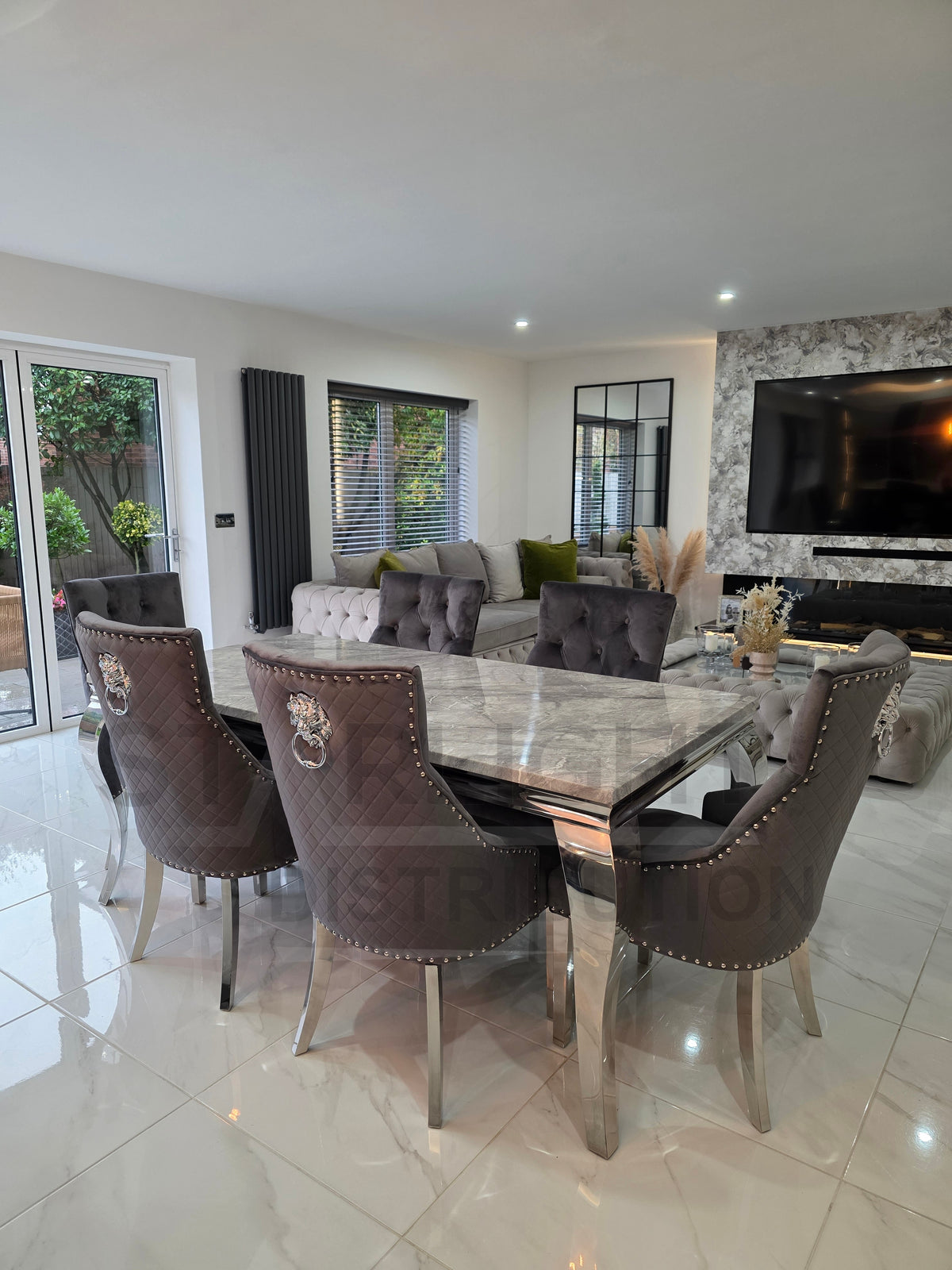 Trafalgar Marble Dining Table Set With Dark Grey Lion Head Knockerback Chairs – 6 Chairs View