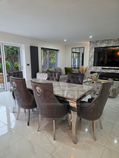 Trafalgar Marble Dining Table Set With Lion Head Knockerback Chairs