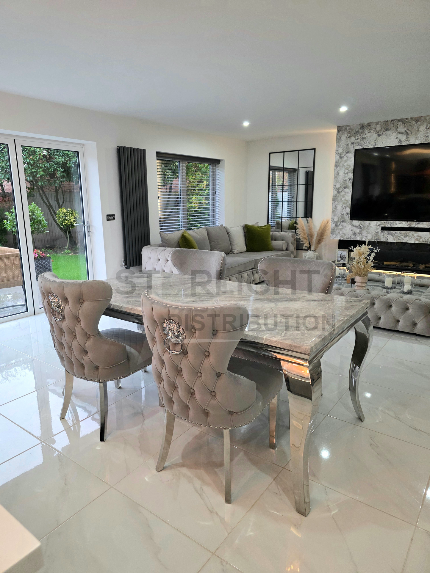 Solid marble table and chairs in a modern Kitchen area.