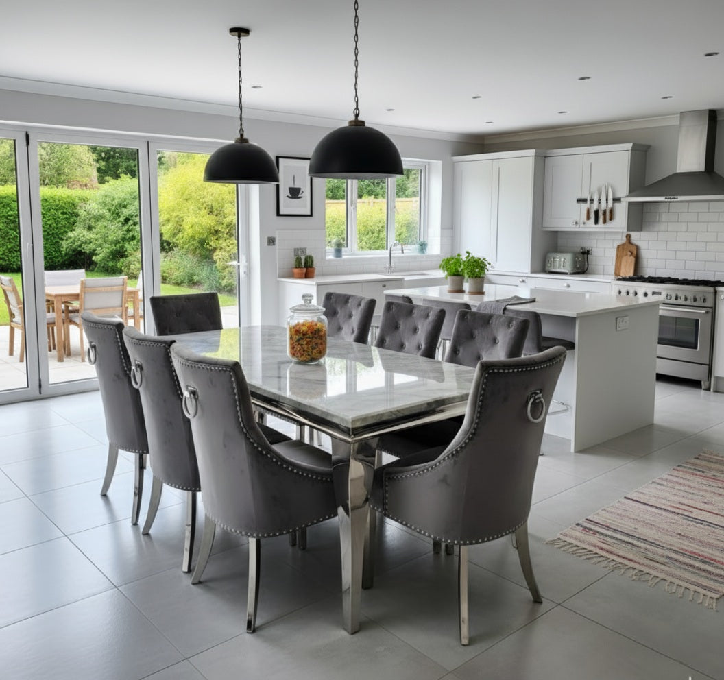 Trafalgar Rectangle Marble Dining Table Set With Bull Ring Knockerback Chairs
