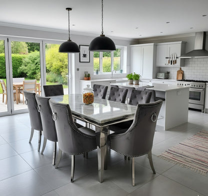 Trafalgar Rectangle Marble Dining Table Set With Bull Ring Knockerback Chairs