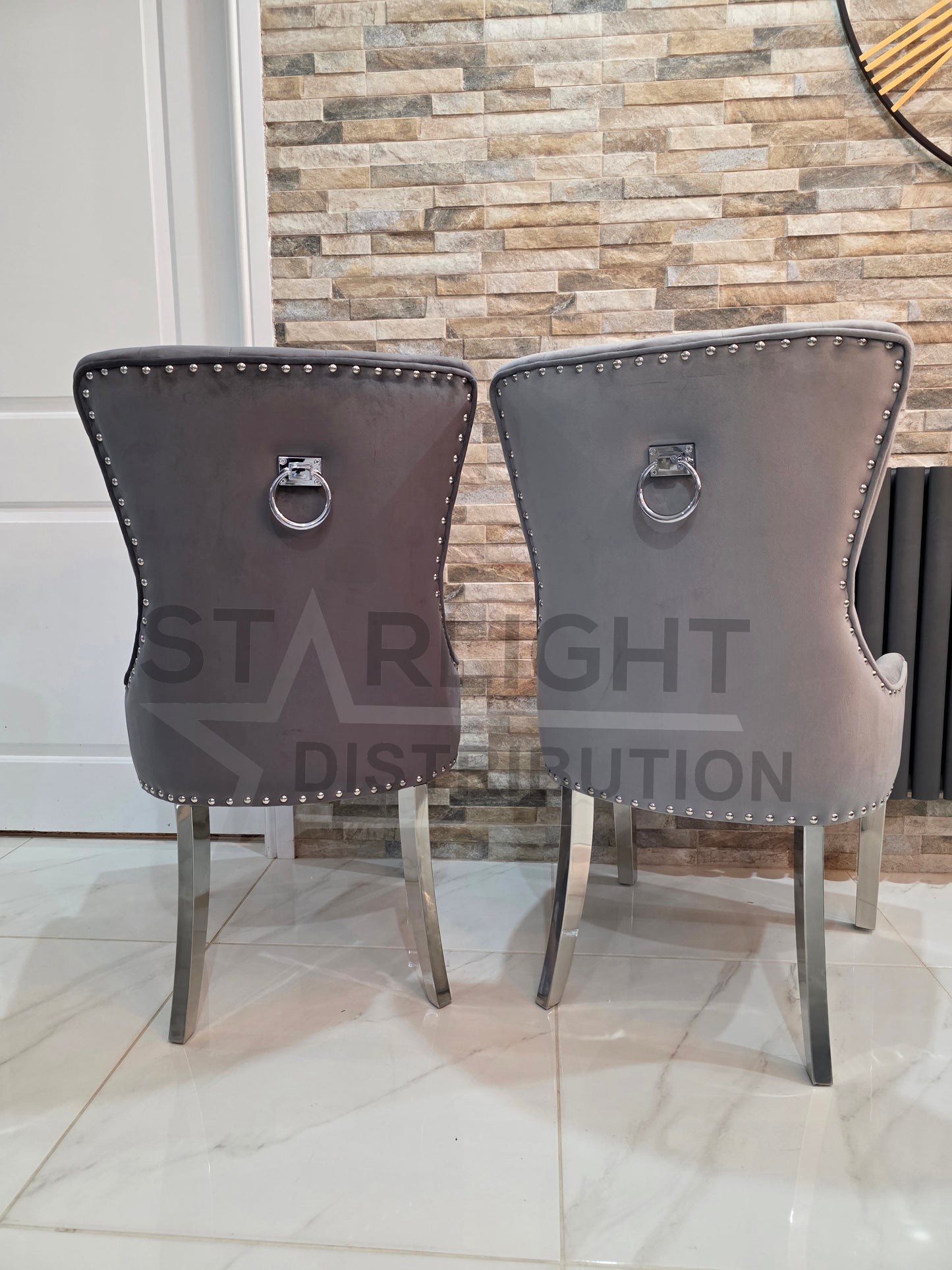 Trafalgar Rectangle Marble Dining Table Set With Bull Ring Knockerback Chairs