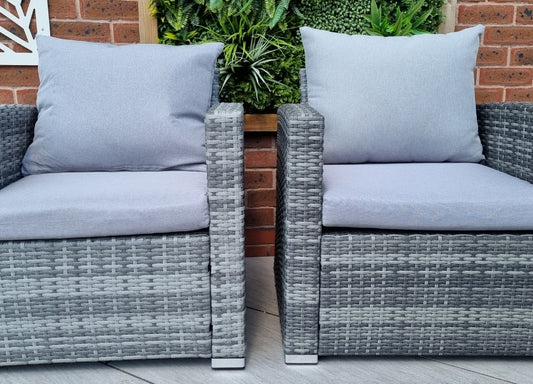 Pair of Myla Rattan Garden Chairs With Grey Cushions – Side by Side Close-Up View