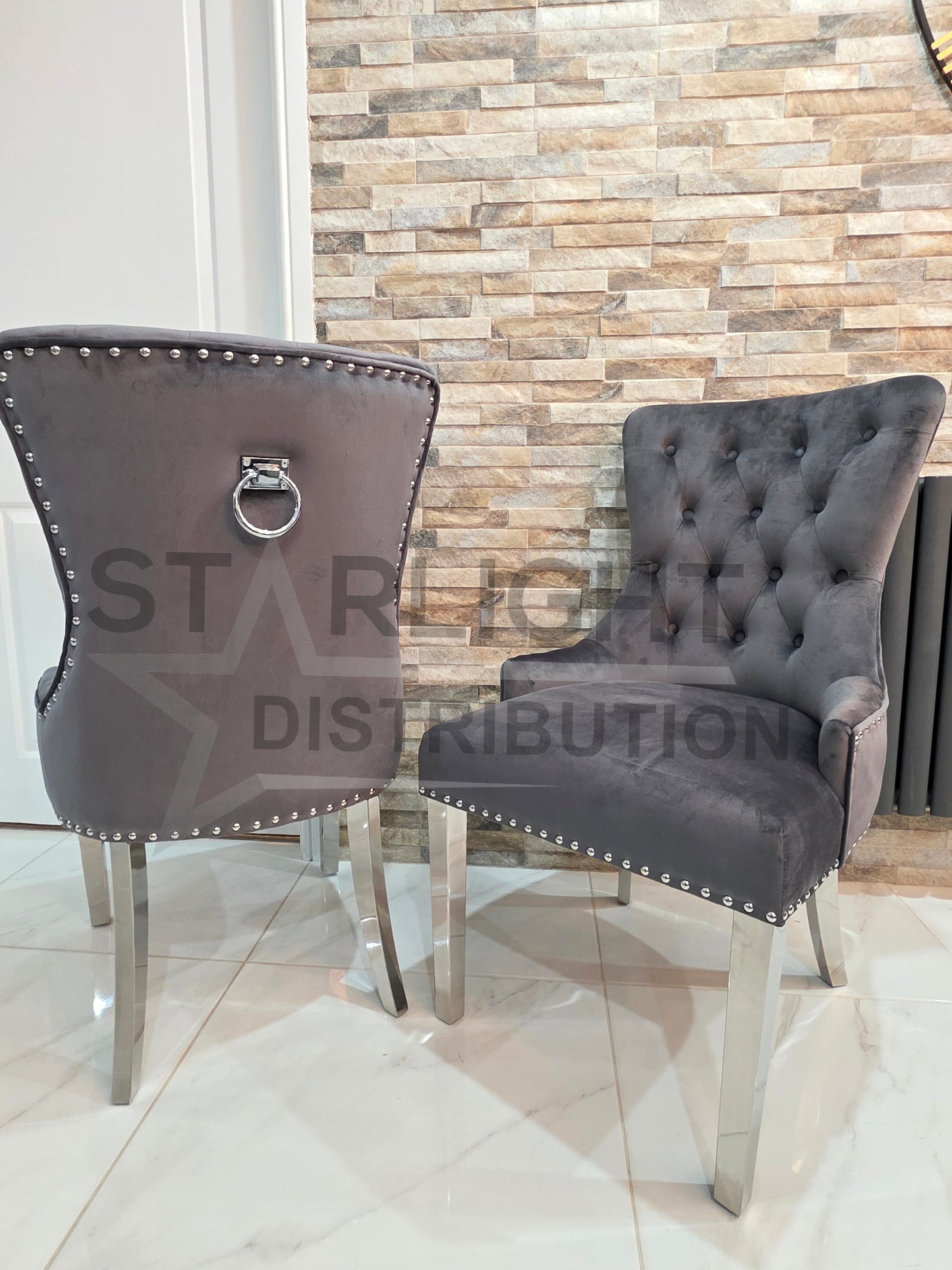 Set of 2 French Velvet Bull Ring KnockerBack Chairs