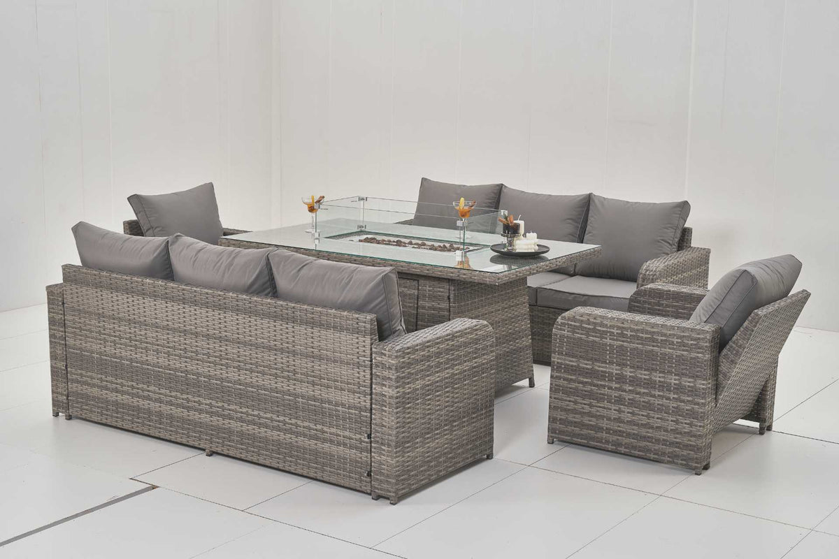 Sienna Recliner Rattan Garden Furniture Set With Firepit Table – Angled Full Set View on White Studio Background