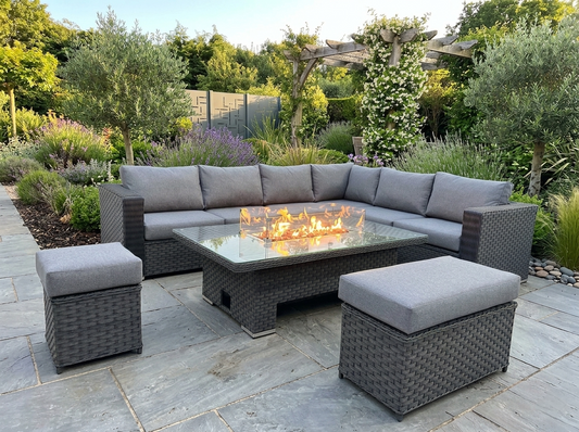 Outdoor Garden Furniture set with fire pit table in a garden setting