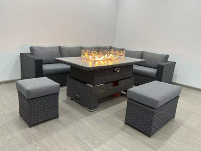 Rosewood Rise & Fall Corner Rattan Garden Furniture Set With FIREPIT Table
