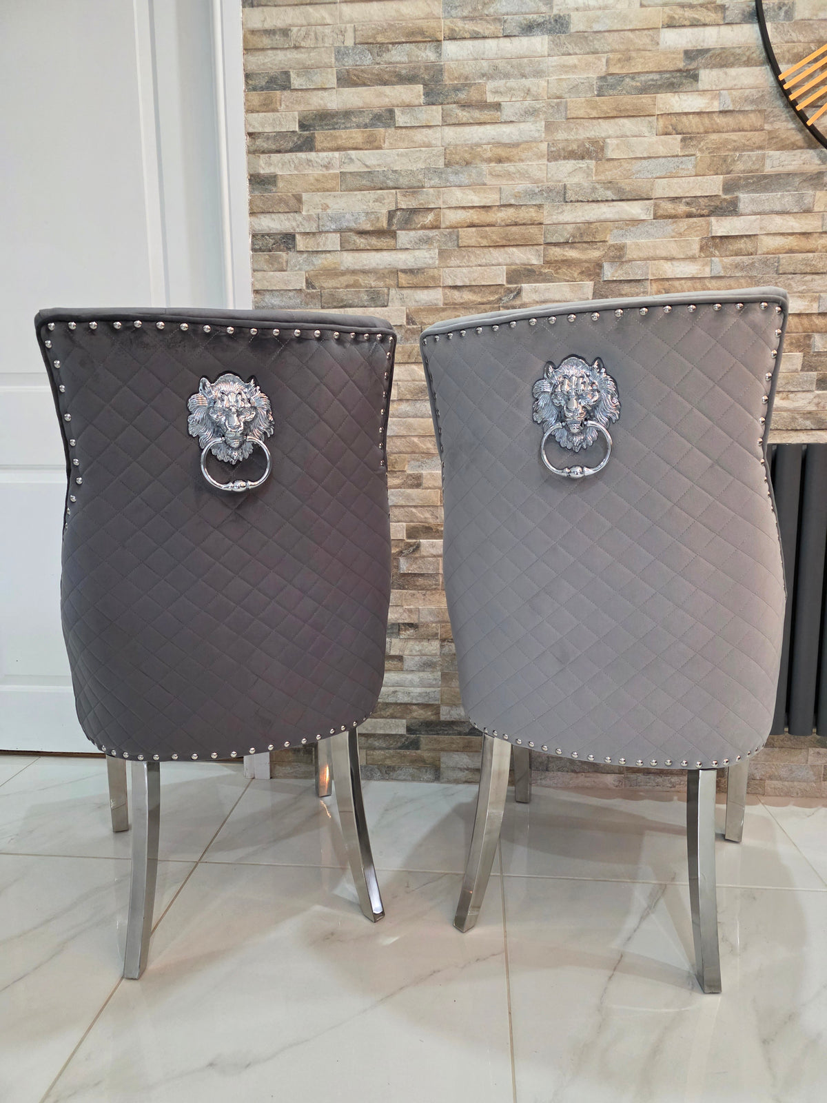 Trafalgar Marble Dining Table Lion Head Knockerback Chair – Dark Grey and Light Grey Back Detail View