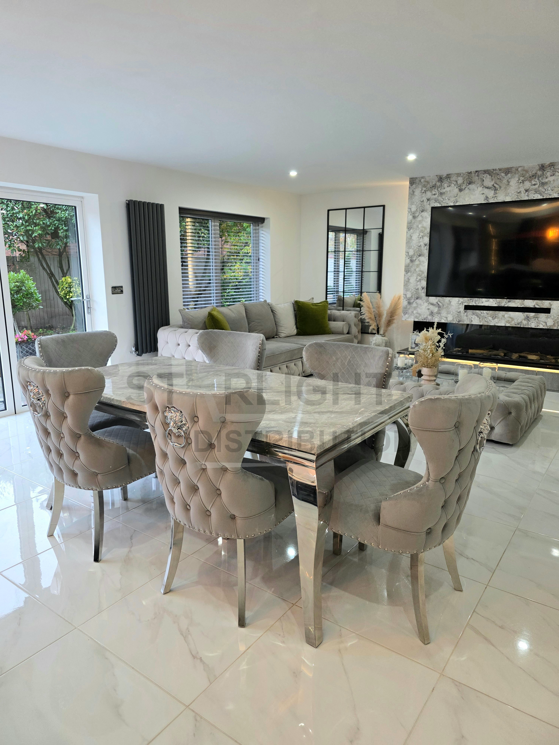 Solid marble table and chairs in a modern Kitchen area.