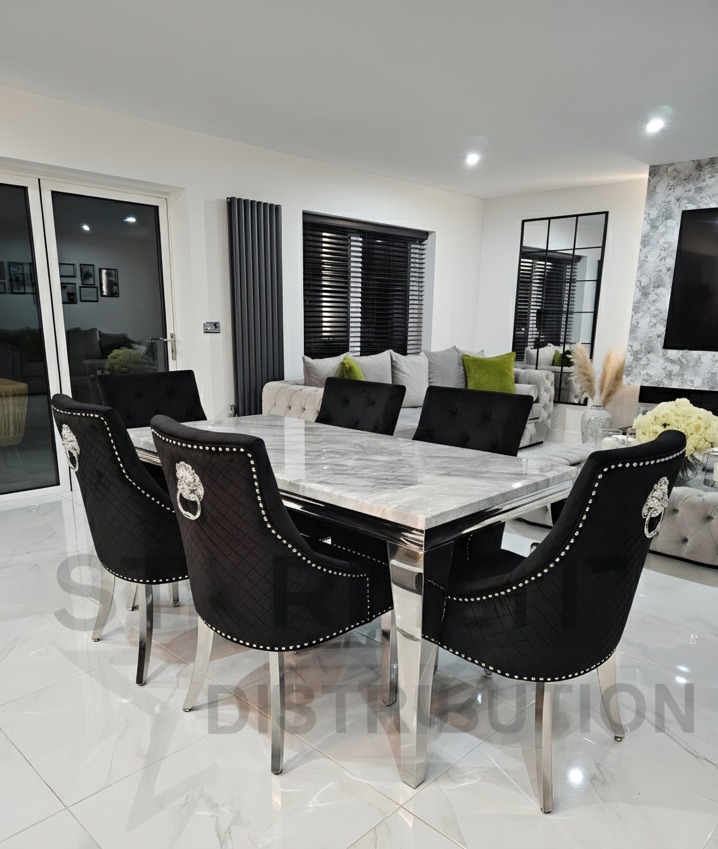 Trafalgar Marble Dining Table Set With Lion Head Knockerback Chairs