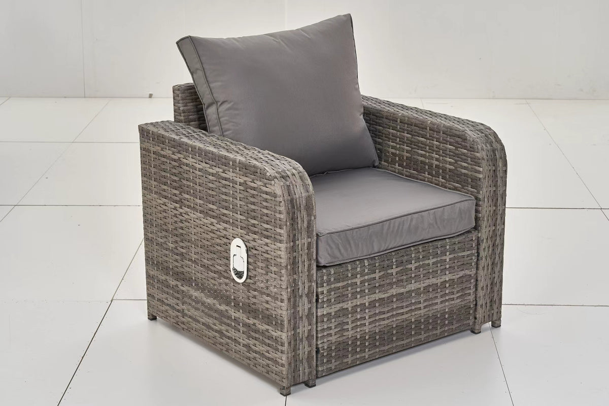 Sienna Recliner Rattan Garden Armchair With Grey Cushion – Angled Studio View Showing Recliner Mechanism