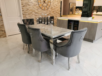 Trafalgar Rectangle Marble Dining Table Set With Bull Ring Knockerback Chairs