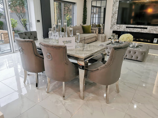 Trafalgar Rectangle Marble Dining Table Set With Bull Ring Knockerback Chairs