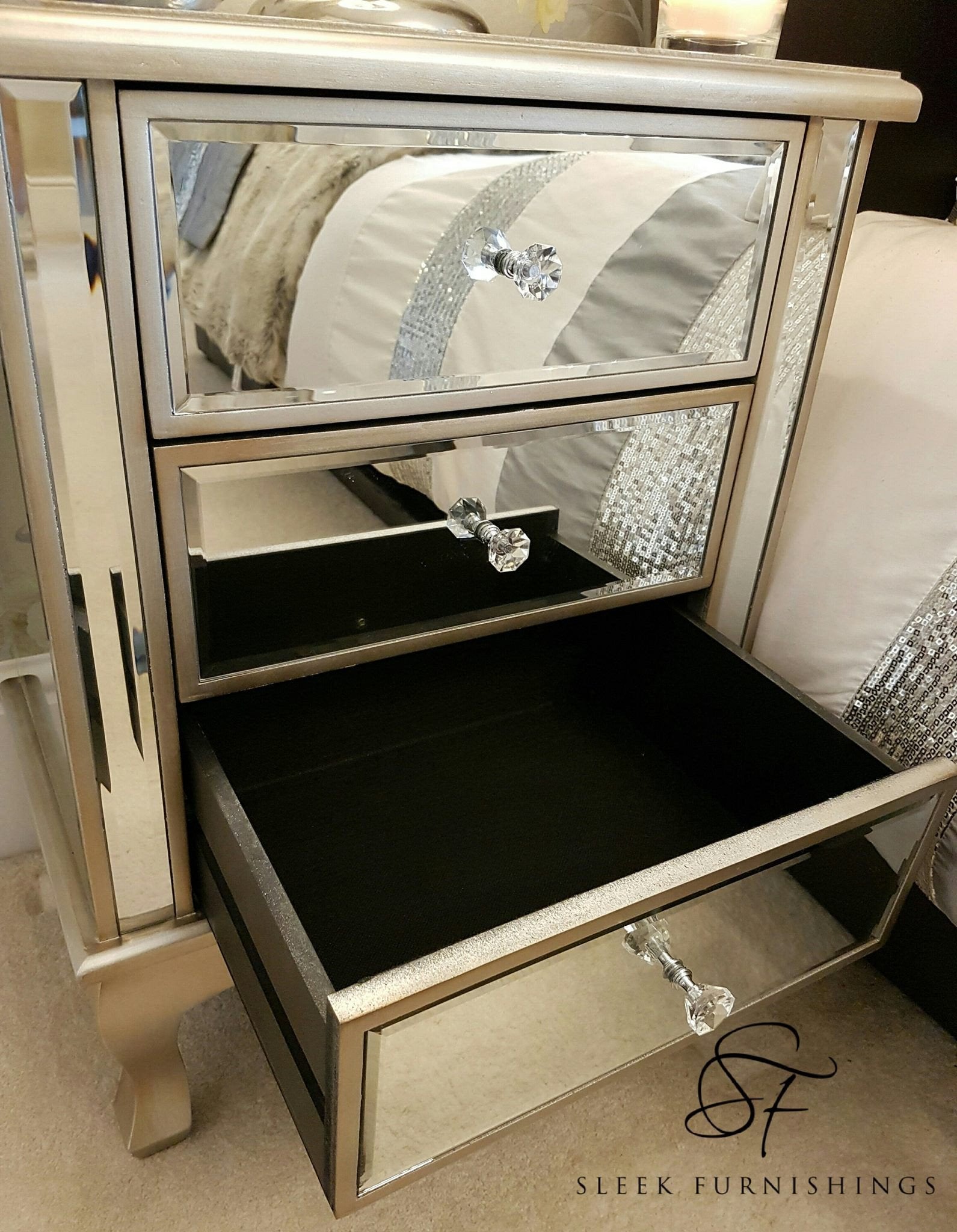 Vintage Mirrored Bedside Table 3 Drawer – Storage & Inner Cabinet Angle View