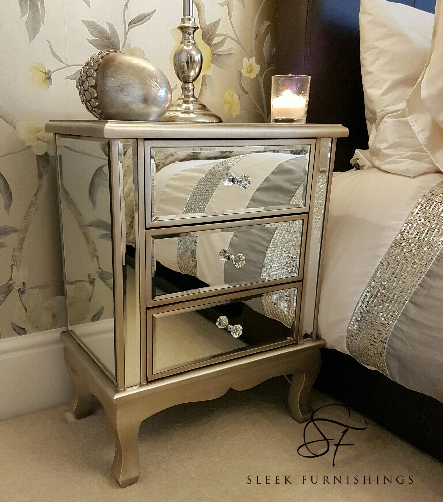 Vintage Mirrored Bedside Table 3 Drawer – Main Product View | Starlight Distribution