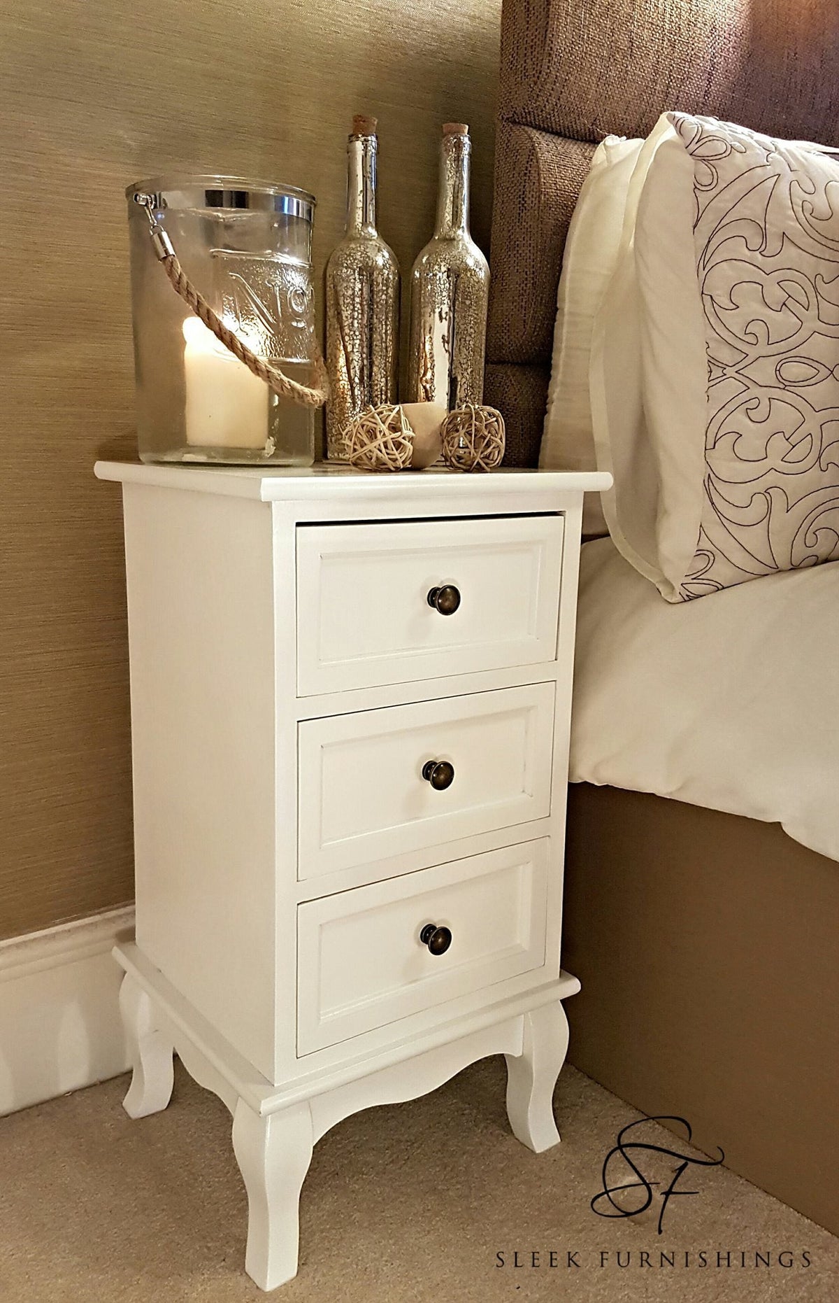 French Style Bedside Cabinet With 3 Drawers – Surface Top & Frame Structure View