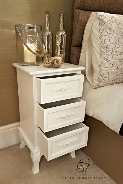 Shabby Chic White Rose Bedside Cabinet Pair With Drawers – Storage & Inner Cabinet Angle View