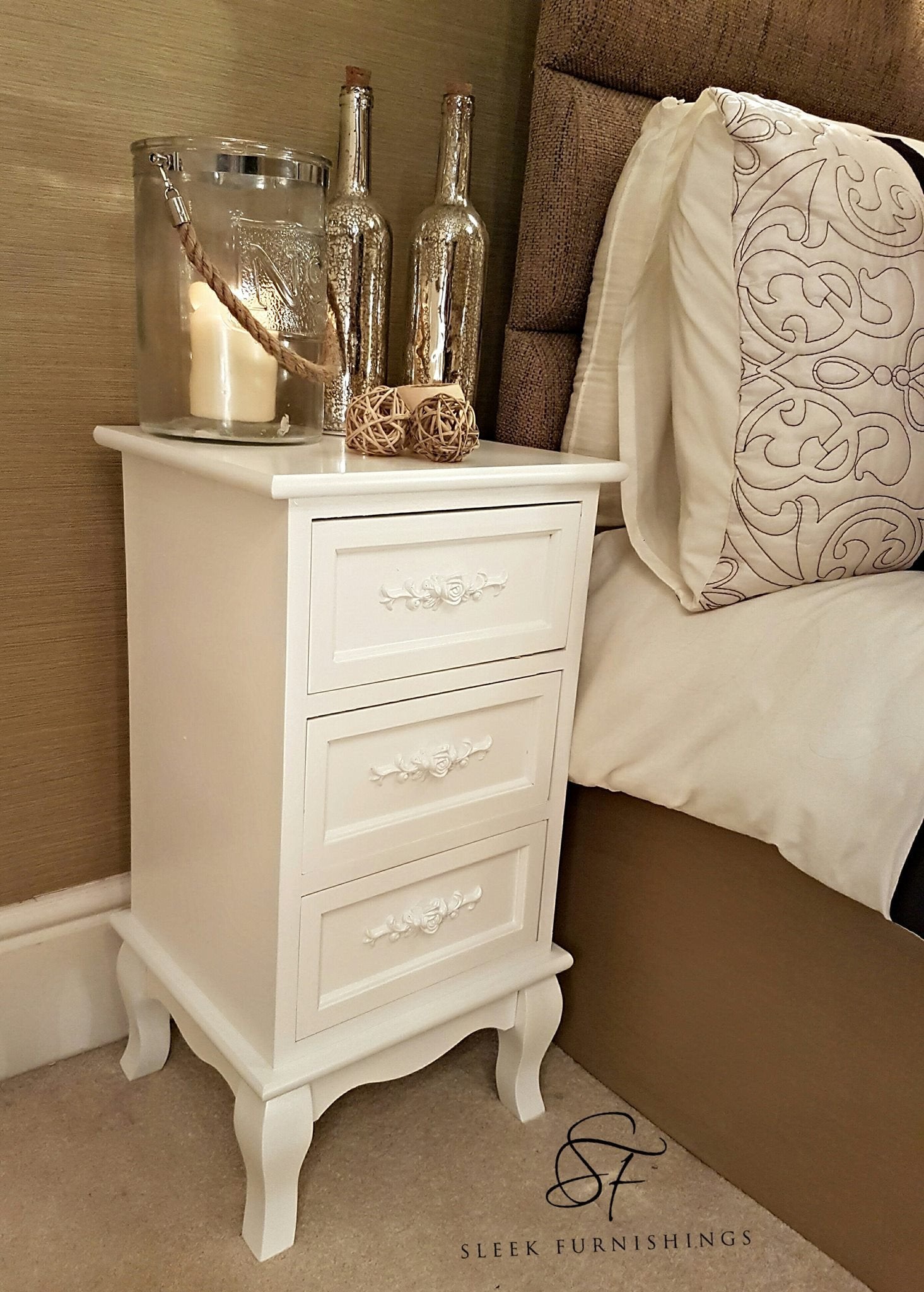 Shabby Chic White Rose Bedside Cabinet Pair With Drawers – Close Up Drawer & Material Finish Detail