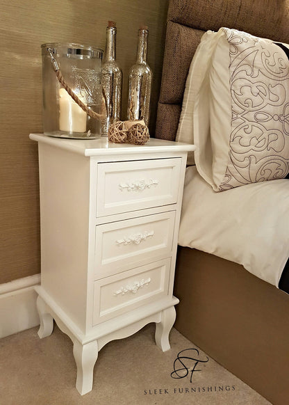 Shabby Chic White Rose Bedside Cabinet Pair With Drawers – Close Up Drawer & Material Finish Detail