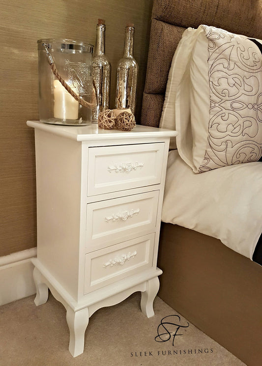 Shabby Chic White Rose Bedside Cabinet Pair With Drawers – Close Up Drawer & Material Finish Detail