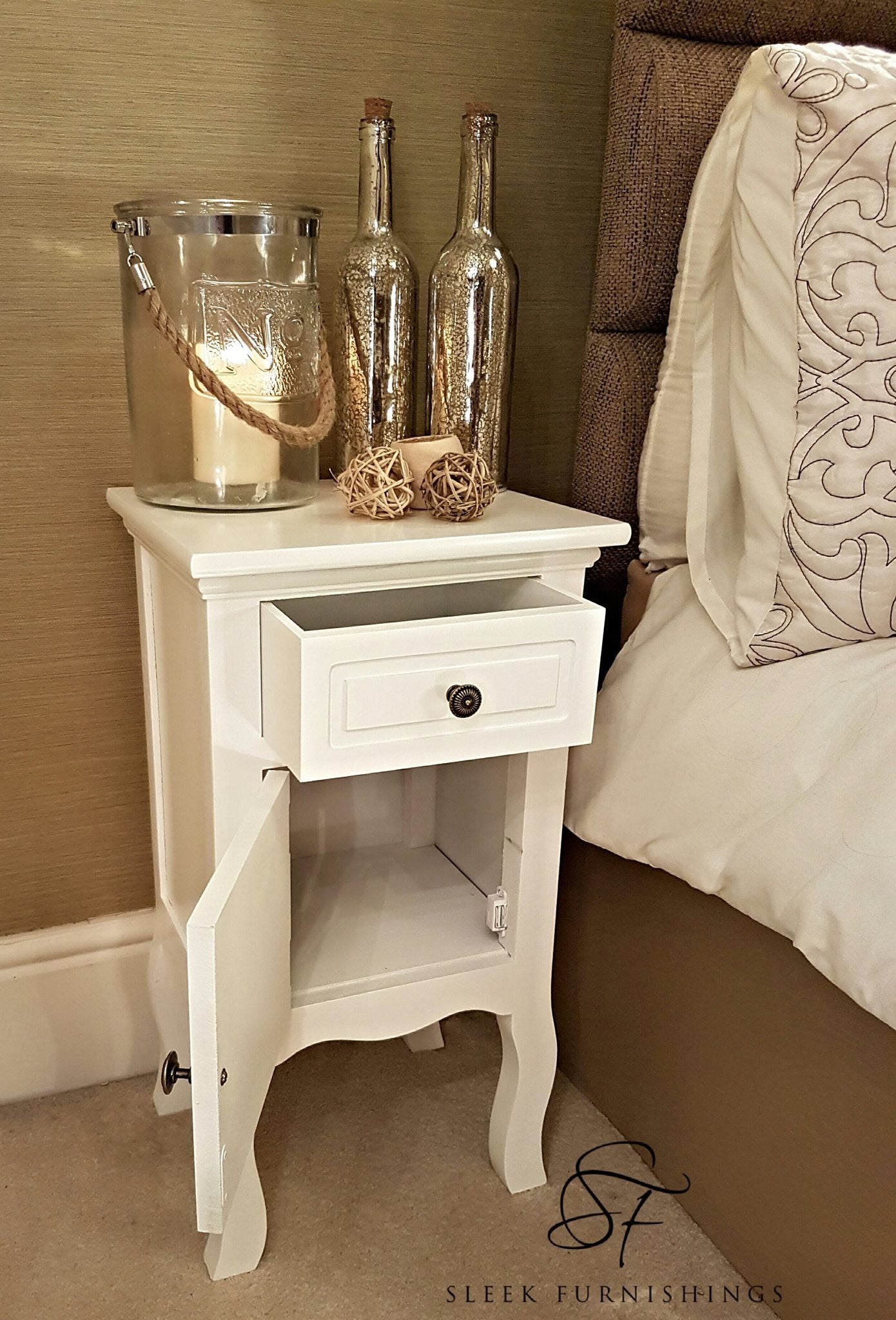 French Style Bedside Cabinet With Drawer & Cupboard – Storage & Inner Cabinet Angle View