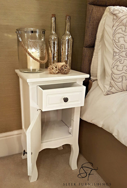 French Style Bedside Cabinet With Drawer & Cupboard – Storage & Inner Cabinet Angle View