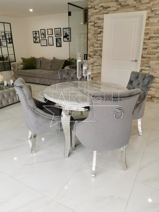 Alexander Marble Round Dining Table Set – Close Up Chair Fabric & Leg Detail