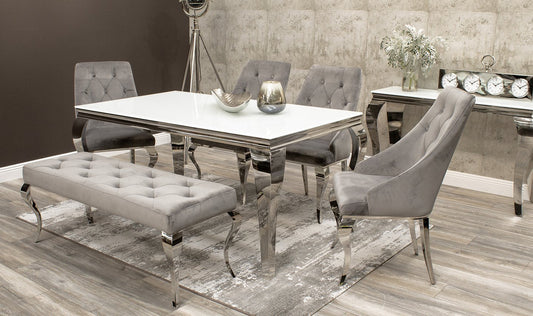 Mayfair White Glass Dining Table Set – Close Up Chair Fabric & Leg Detail