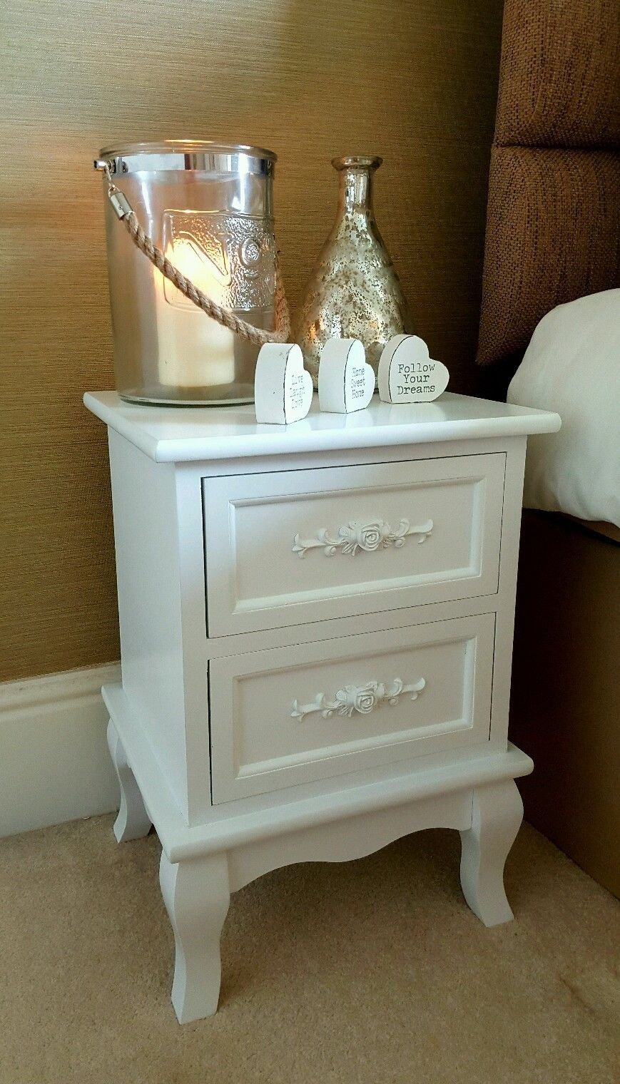 Shabby Chic WHITE ROSE SOLID WOOD BEDSIDE CABINET NIGHTSTAND TABLE