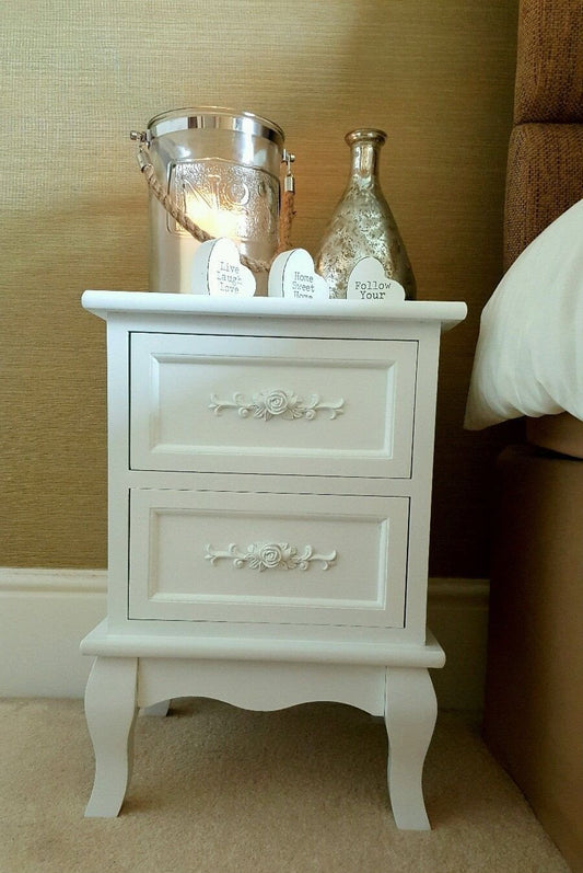 Shabby Chic White Rose Bedside Cabinet Pair – Close Up Drawer & Material Finish Detail