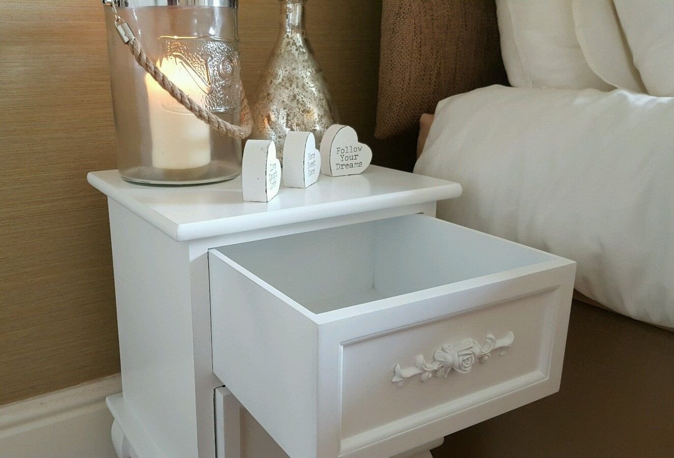 Shabby Chic WHITE ROSE SOLID WOOD BEDSIDE CABINET NIGHTSTAND TABLE