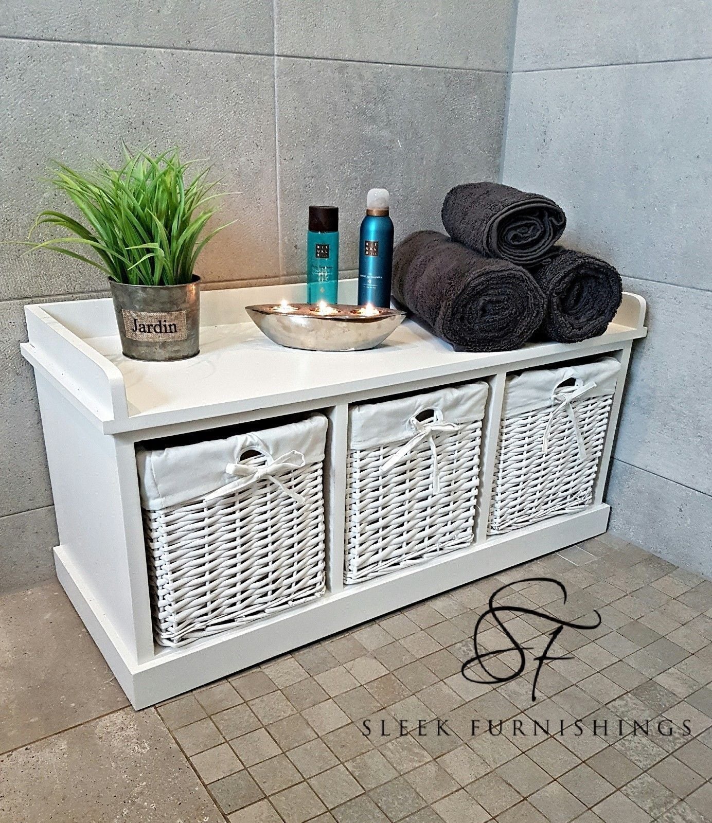 White Wooden Bathroom Storage Bench With Wicker Baskets – Main Product View | Starlight Distribution
