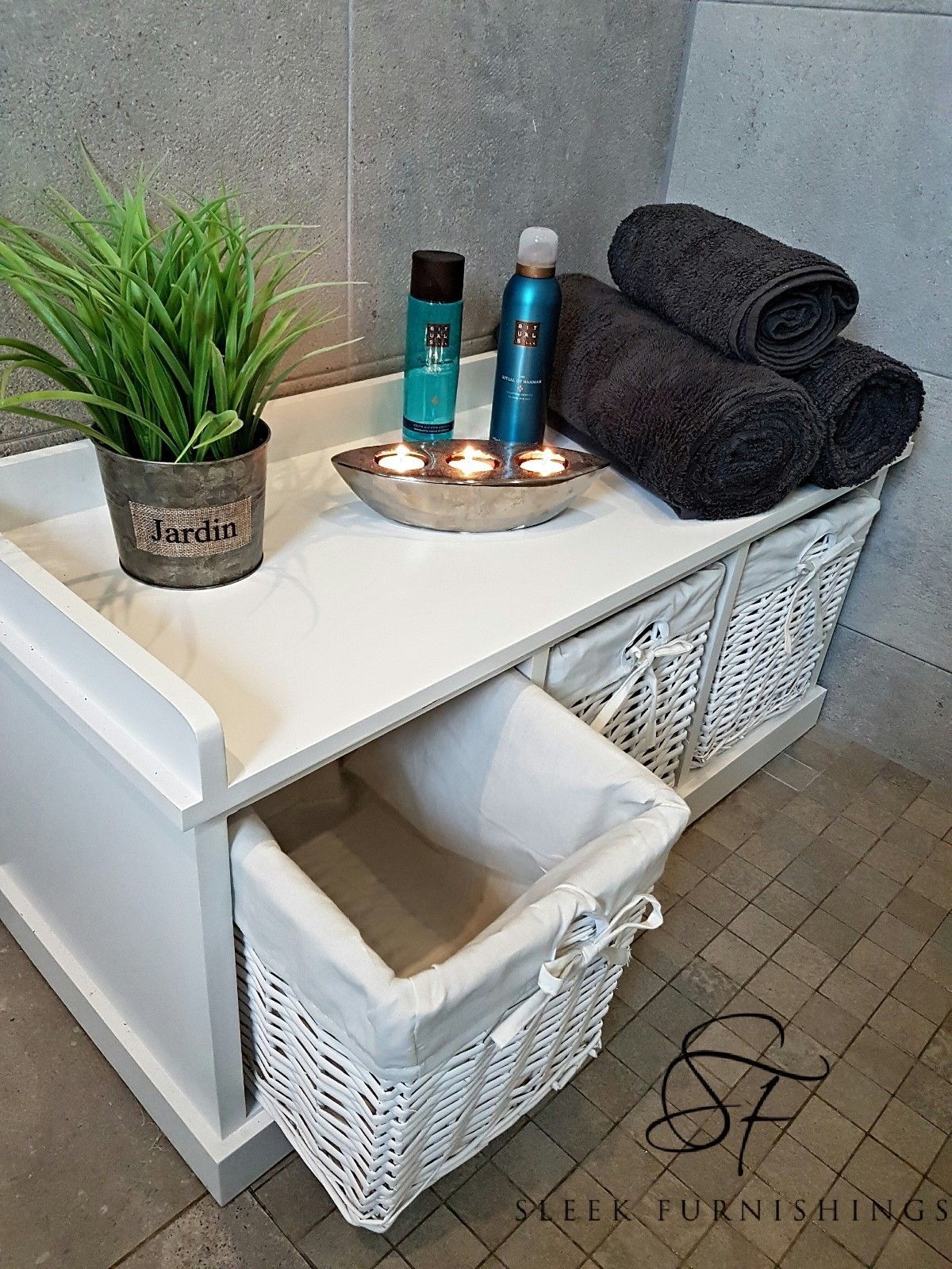 White Wooden Bathroom Storage Bench With Wicker Baskets – Surface Top & Frame Structure View