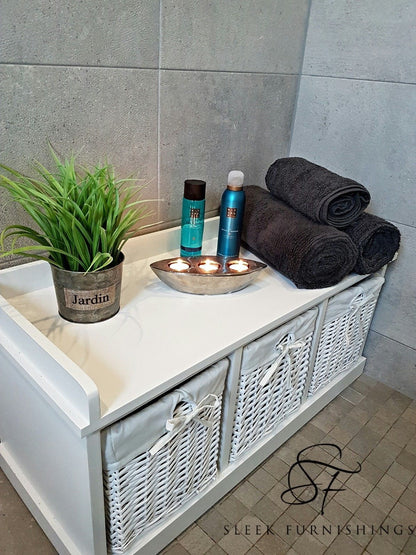 White Wooden Bathroom Storage Bench With Wicker Baskets – Storage & Inner Cabinet Angle View