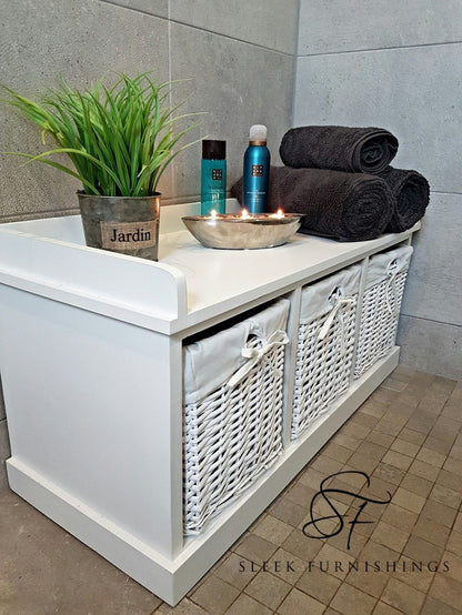 White Wooden Bathroom Storage Bench With Wicker Baskets – In-Situ Home & Bedroom Decor View