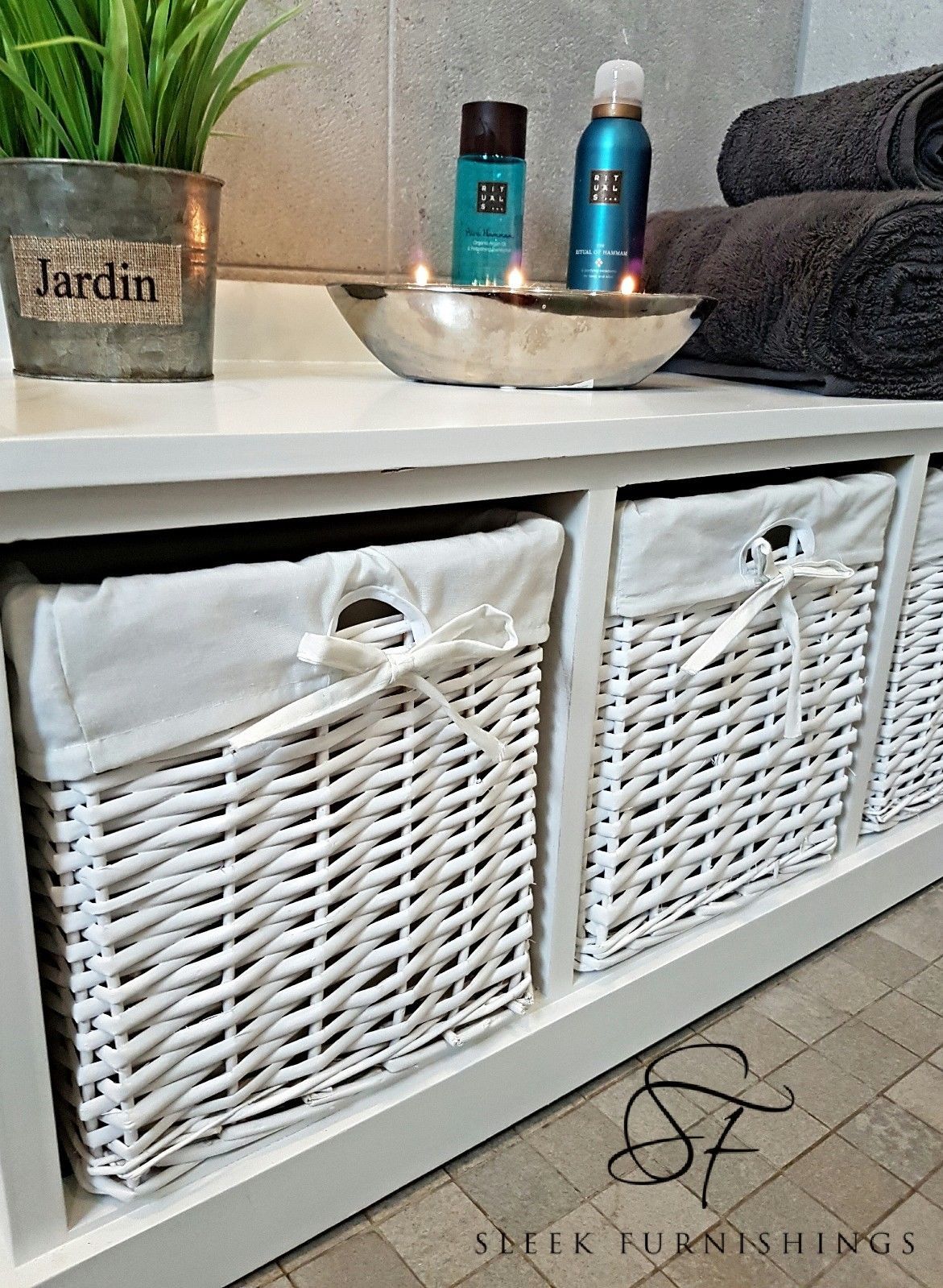 White Wooden Bathroom Storage Bench With Wicker Baskets – Close Up Drawer & Material Finish Detail