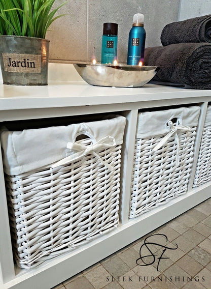 White Wooden Bathroom Storage Bench With Wicker Baskets – Close Up Drawer & Material Finish Detail
